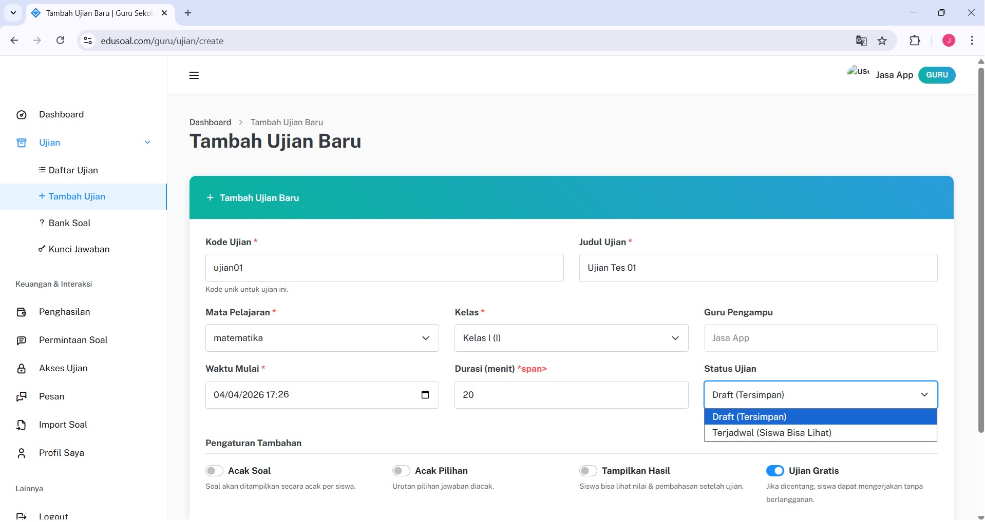 Halaman login EduSoal