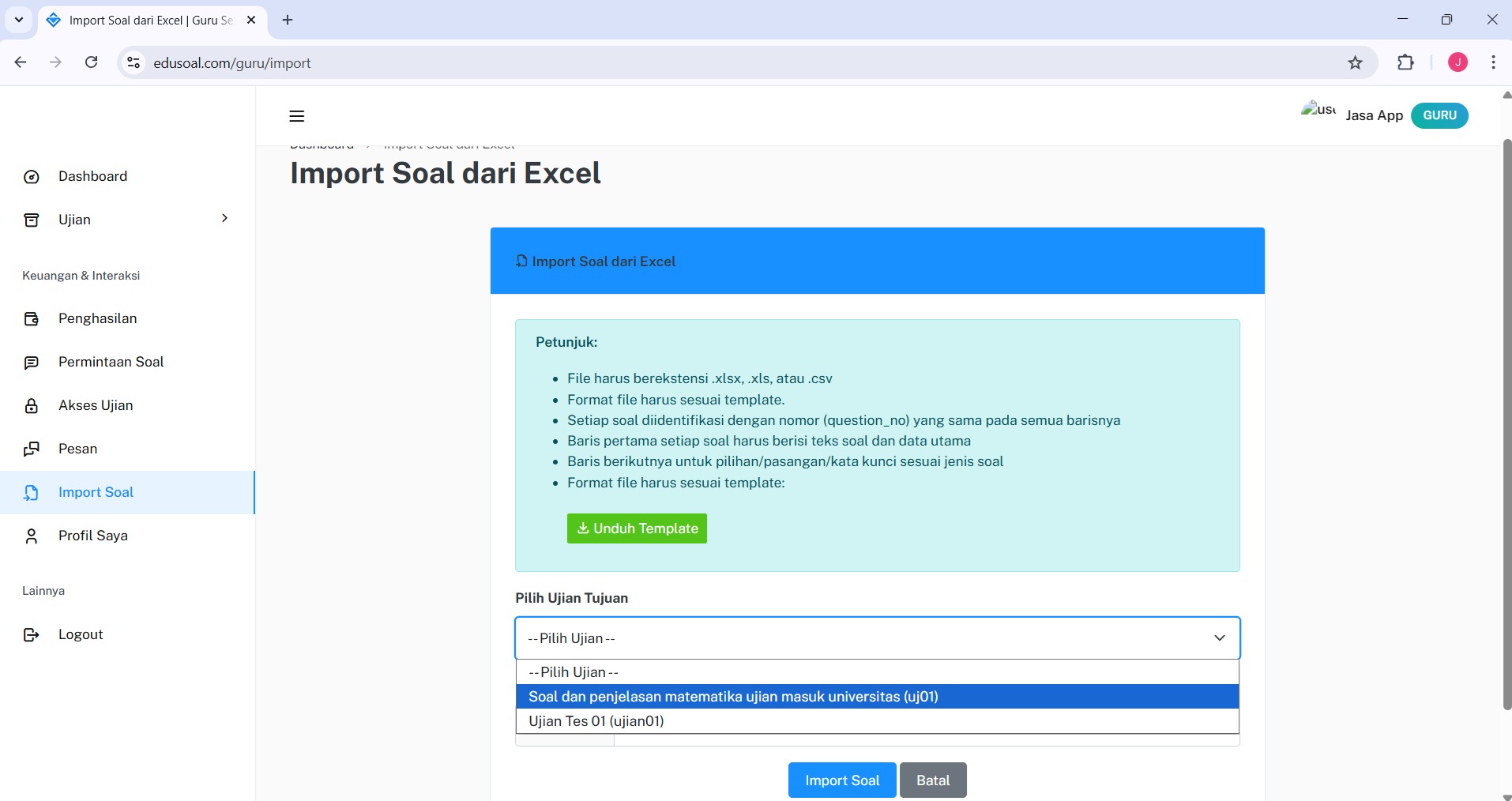 Mengelola Soal: Import soal dari file excell